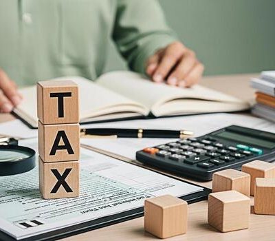 Professional tax return services desk setup with wooden blocks spelling "TAX", a calculator, financial documents, and an accountant working in the background.